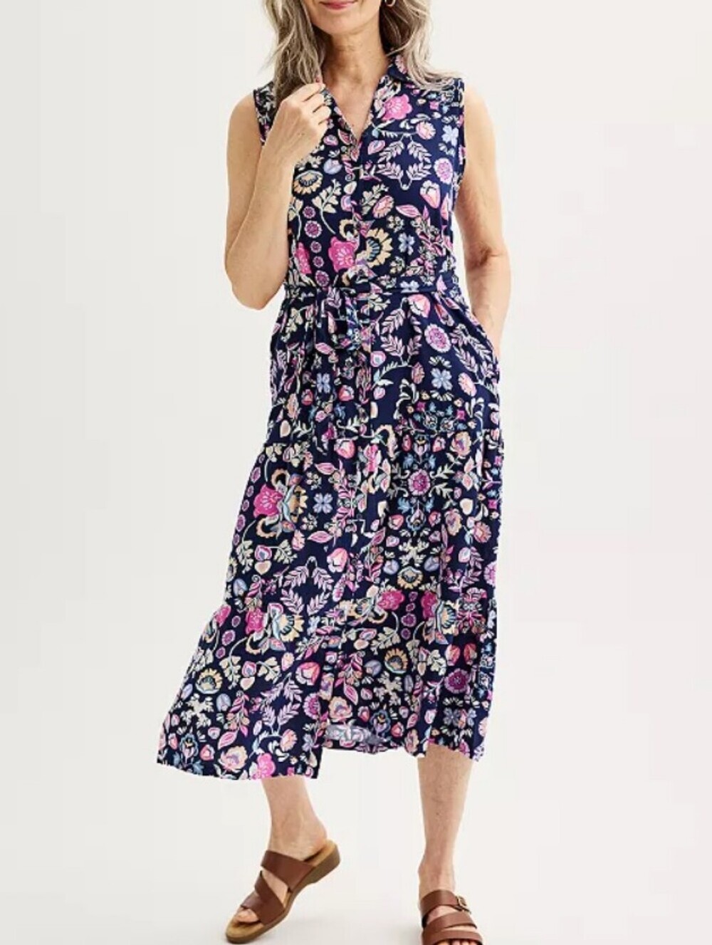 croft & barrow Navy Floral Sleeveless Maxi Dress with Pink Accents